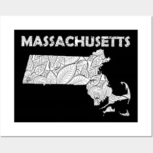 Mandala art map of Massachusetts with text in white Posters and Art